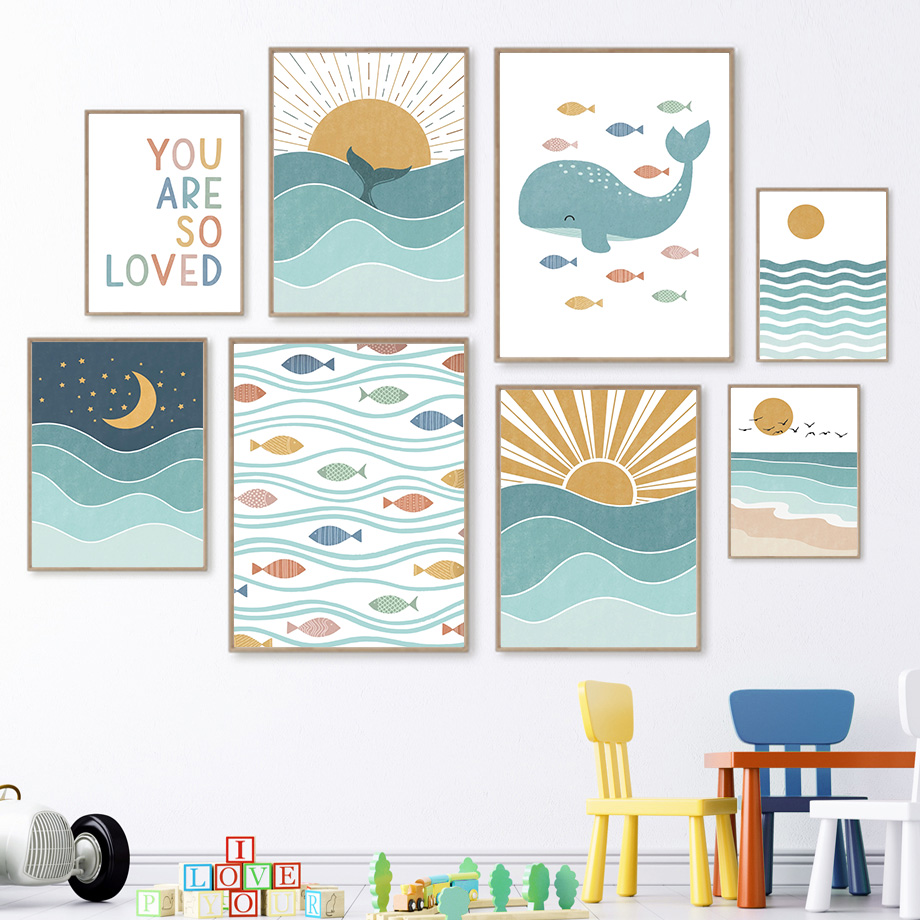 Baby Boy Nursery Quotes - Pintura em tela 2D: Peixe, Baleia,