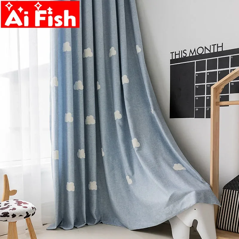 Blackout Curtain Nursery - Cortina azul nuvem bordada, tela de