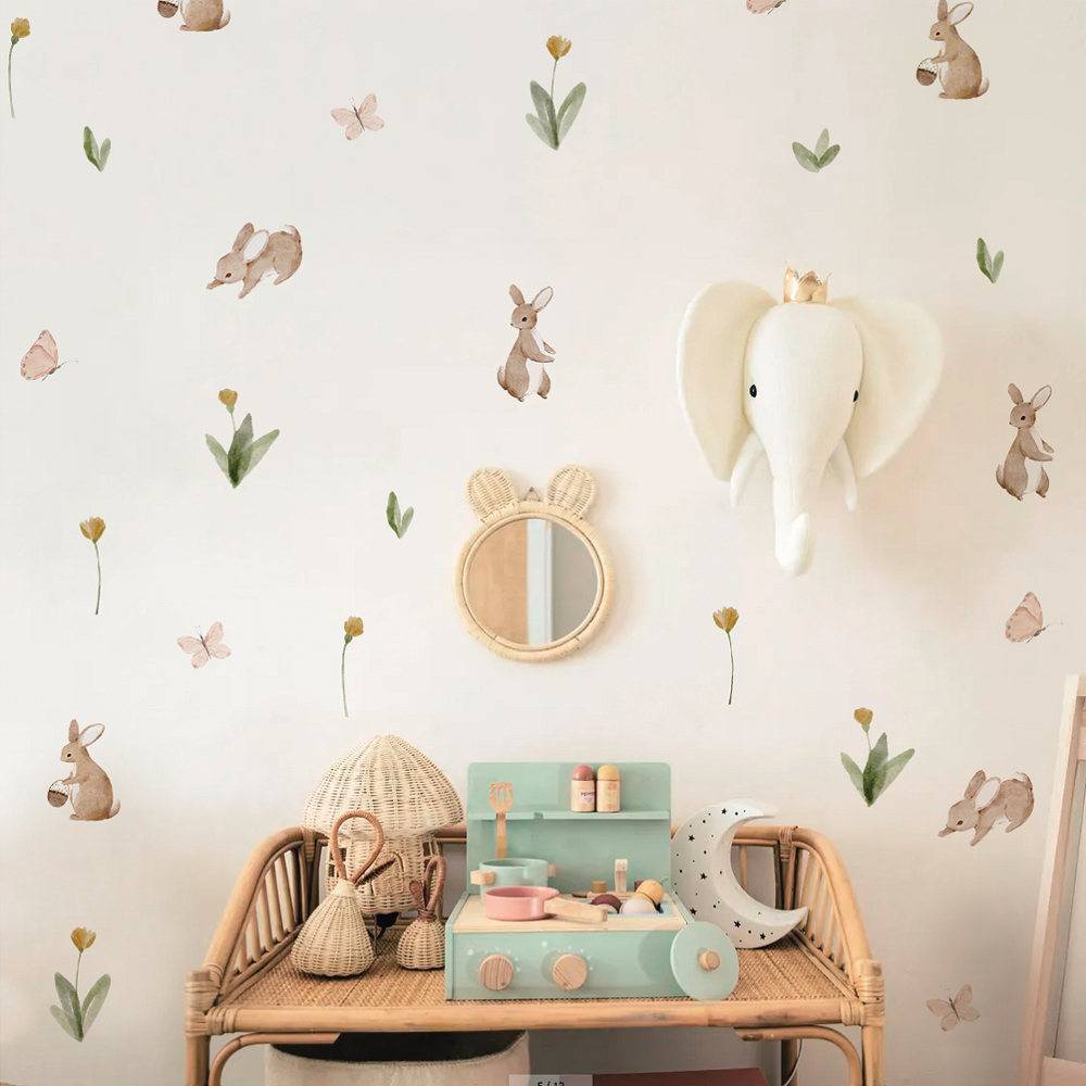 Baby Nursery Stickers - Verão aquarela coelhinhos fofos e flores